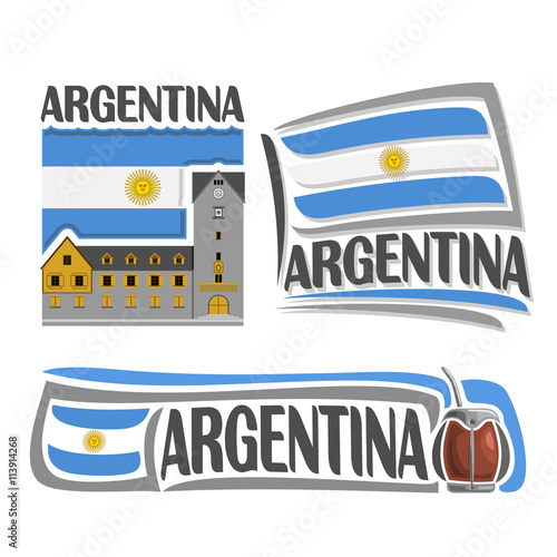 Vector logo Argentina,3 isolated illustrations: Bariloche on background of national state flag, symbol Argentina and argentinean flag of Argentine Republic beside calabash with bombilla for yerba mate