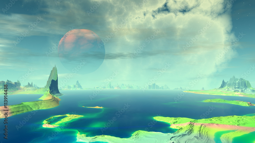 Fantasy alien planet. Rocks and lake. 3D illustration