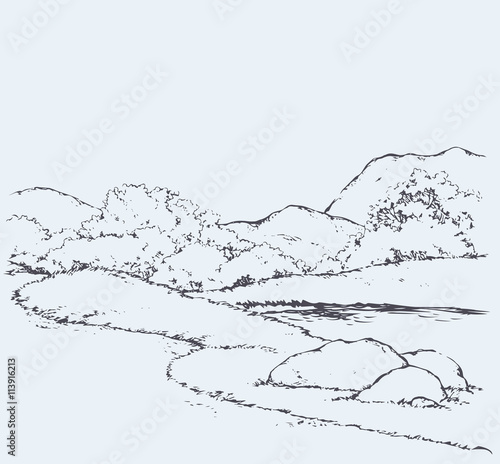 Mountain landscape with oak trees. Vector drawing