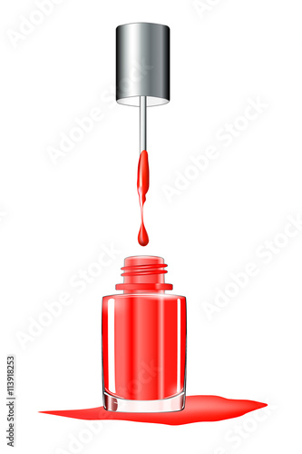 nail polish bottle. nails art. manicure. spill. splash. drop. red colors. 3D illustration