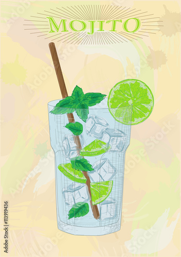 Nice mojito of ice cold glass on a color background. Soda with w