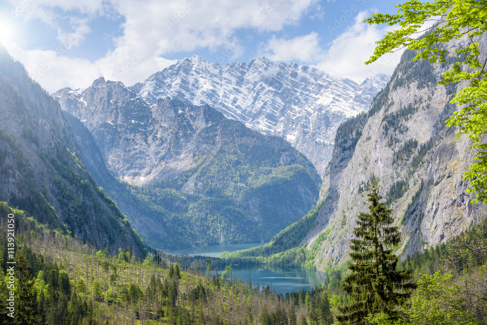 Fototapeta premium Lake Obersee in front of Watzmann, Berchtesgaden, Bavaria, Germany