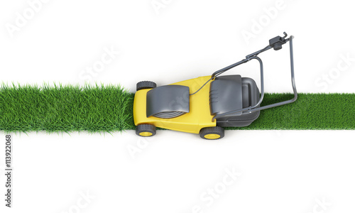 Lawn mower cutting grass isolated on white background. Top view. Electric lawn mower. 3d render image