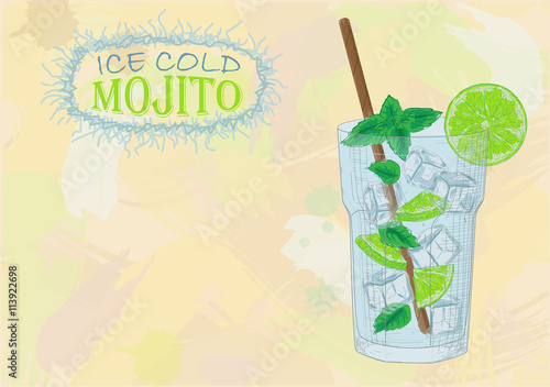 Nice mojito of ice cold glass on a color background. Soda with w