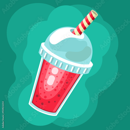 Cartoon smoothie to go cup with different fruits smoothies cocktail drink. Natural bio drink, healthy organic food. Vector illustration in flat style