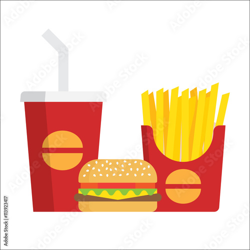 French fries, burger and soda