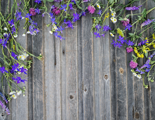 Summer colorful flowers on vintage weathered wooden background