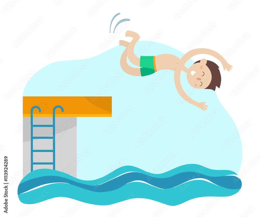 Young boy jumping into the water from heights. Summer vacation, sport
