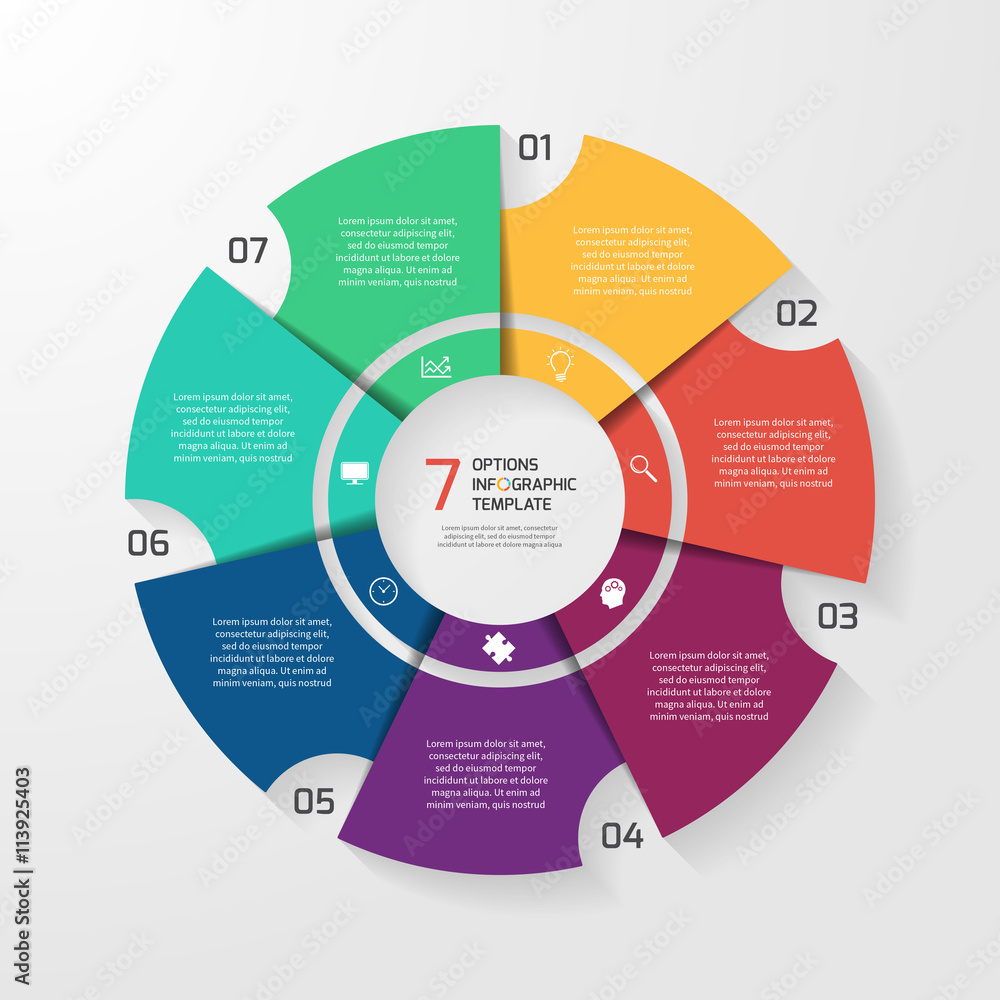 Vector circle infographic template for graphs, charts, diagrams. Pie chart concept with 7 options, parts, steps, processes. Vector circle infographic template for graphs, charts, diagrams. Pie chart concept with 7 options, parts, steps, processes.