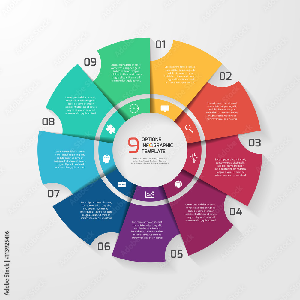 Vector circle infographic template for graphs, charts, diagrams. Pie chart concept with 9 options, parts, steps, processes. Vector circle infographic template for graphs, charts, diagrams. Pie chart concept with 9 options, parts, steps, processes.