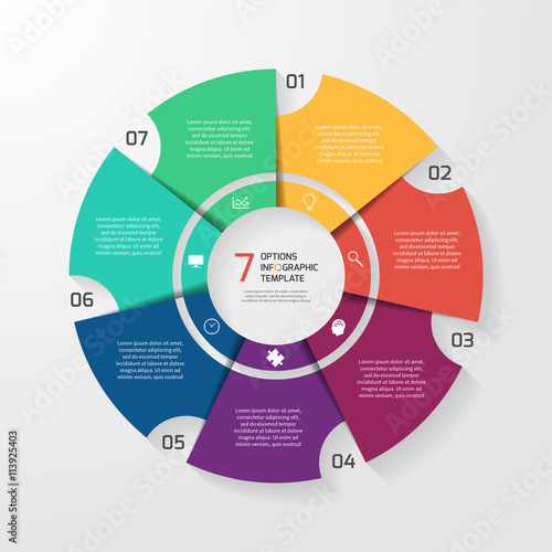 Vector circle infographic template for graphs, charts, diagrams. Pie chart concept with 7 options, parts, steps, processes.