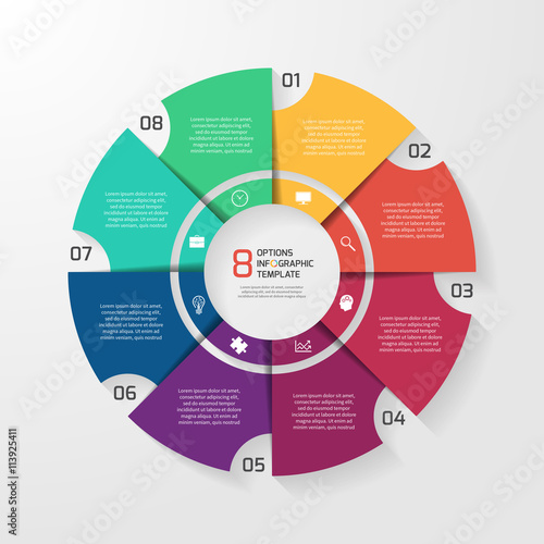 Vector circle infographic template for graphs, charts, diagrams. Pie chart concept with 8 options, parts, steps, processes.