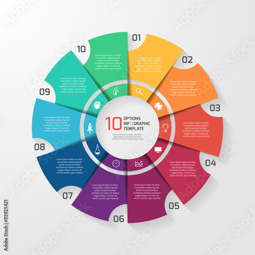 Vector circle infographic template for graphs, charts, diagrams. Pie chart concept with 10 options, parts, steps, processes.