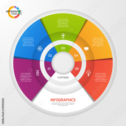 Vector circle infographic template for graphs, charts, diagrams. Pie chart concept with 5 options, parts, steps, processes.