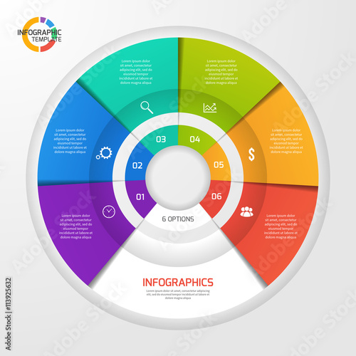 Vector circle infographic template for graphs, charts, diagrams. Pie chart concept with 6 options, parts, steps, processes.