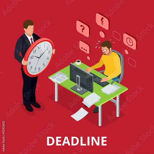 Deadline Concept of overworked man. Flat 3d vector isometric illustration.