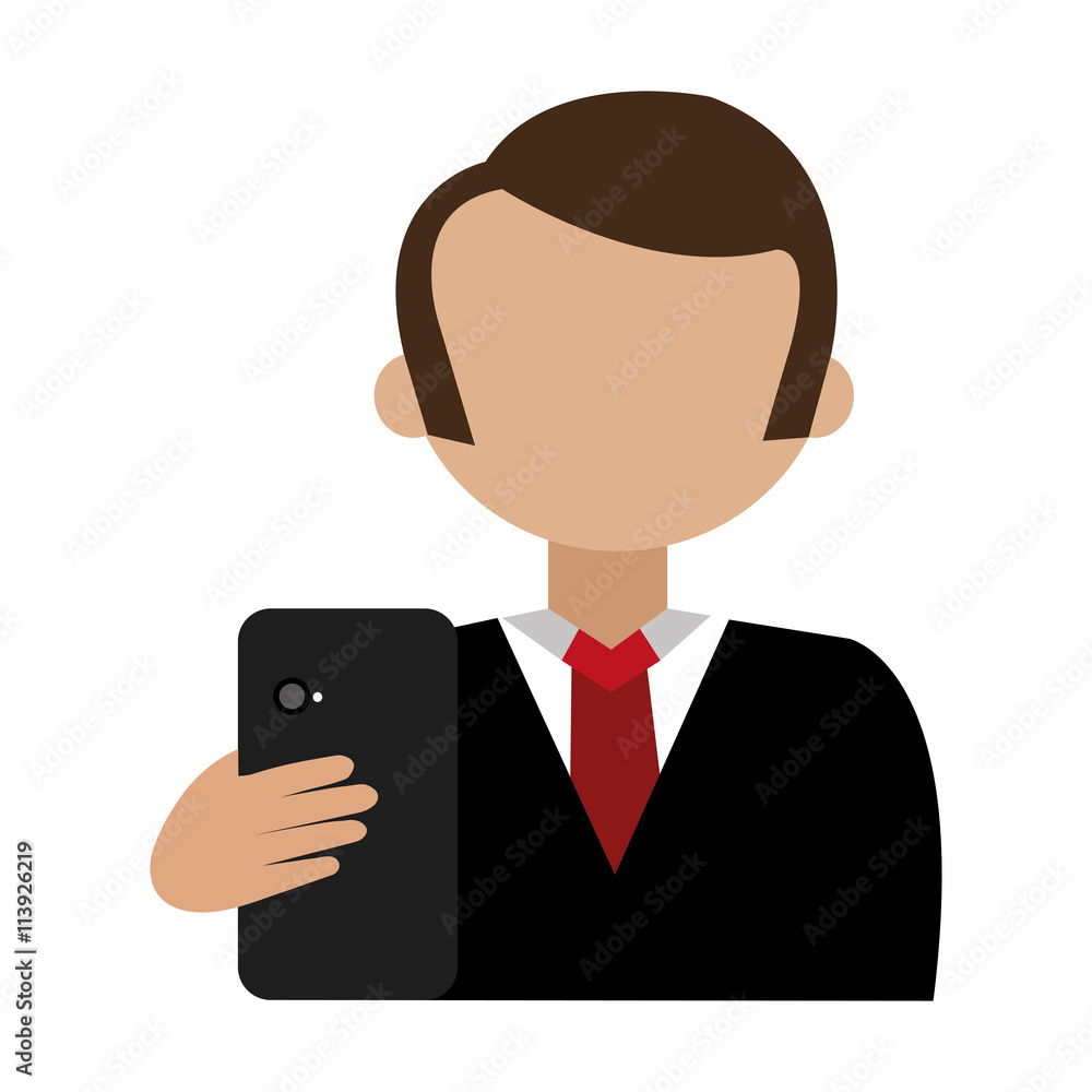 cartoon avatar man with coloful hair and black smartphone front view over isolated background,vector illustration