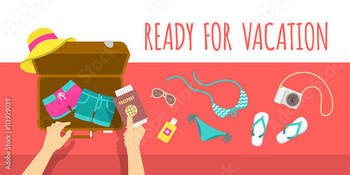 Summer vacation vector flat illustration. Packing beach stuff for summer time travel. Woman puts in suitcase summer clothes, swimsuit, flip-flops, hat, glasses, camera and passport. Top view banner
