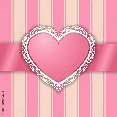 Vintage pink heart shaped ornamental frame on striped background. Abstract heart with cutout lacy borders. Valentines day greeting card. Vector EPS 10