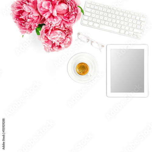 Tablet PC, Keyboard, Coffee. Home office workplace business lady