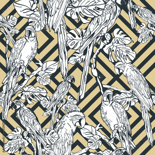 Vector seamless pattern with tropical parrots. White birds on beige and black geometric striped background. Hand drawn illustration. Design for fashion textile summer prints, decoration or wrapping.