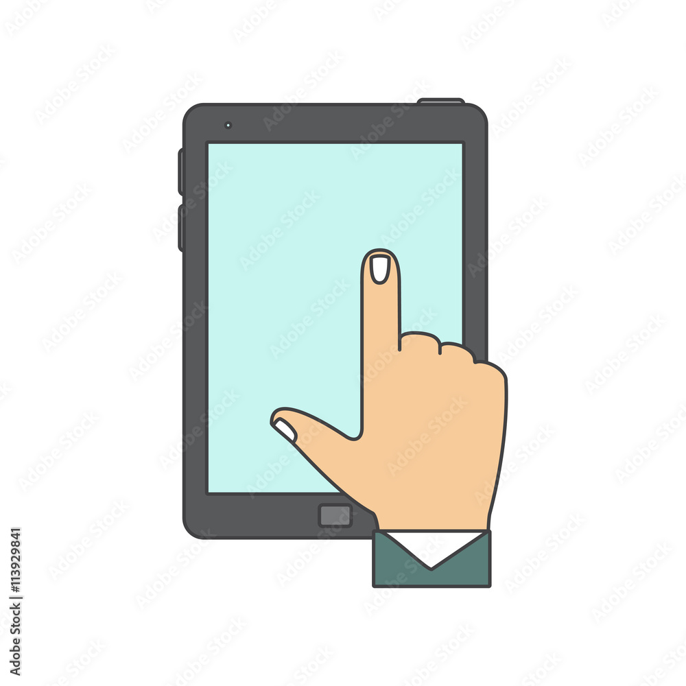 Hand touching blank screen. Hand touching blank screen.
