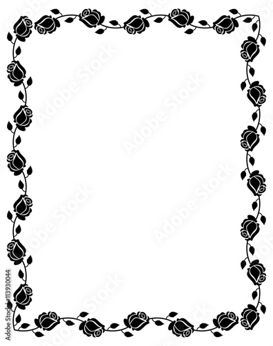  Black and white frame with roses silhouettes. Vector clip art.