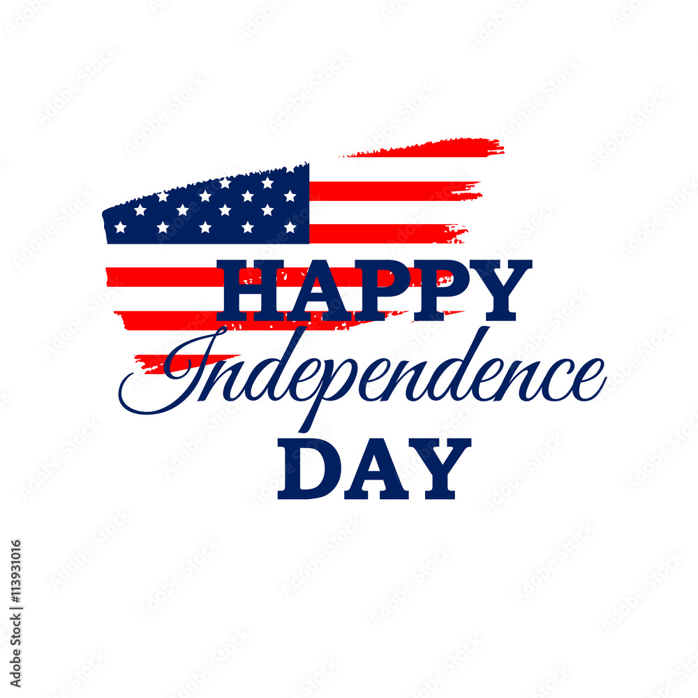 Happy Independence Day vector greeting card with American flag on brush stroke. 4th July festive concept design in traditional American colors - red, white, blue. Isolated.
