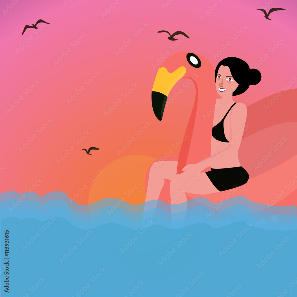 woman riding inflatable flamingo water pool