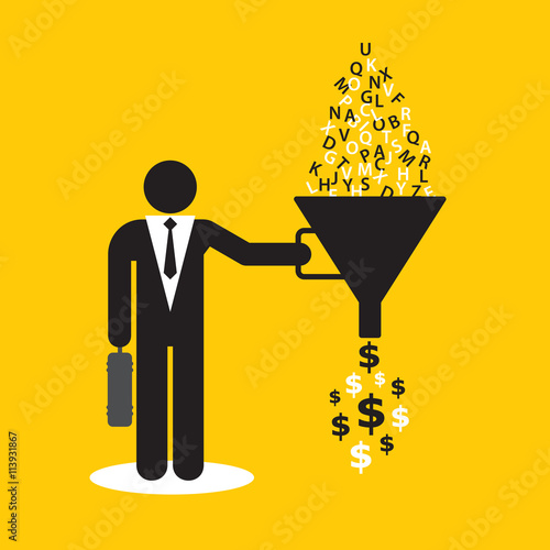 Funnel converting alphabet letters in symbol money.