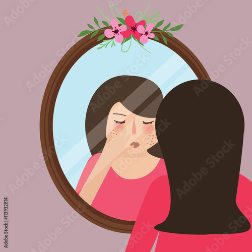 girls with acne pimple looking into mirror skin face problem