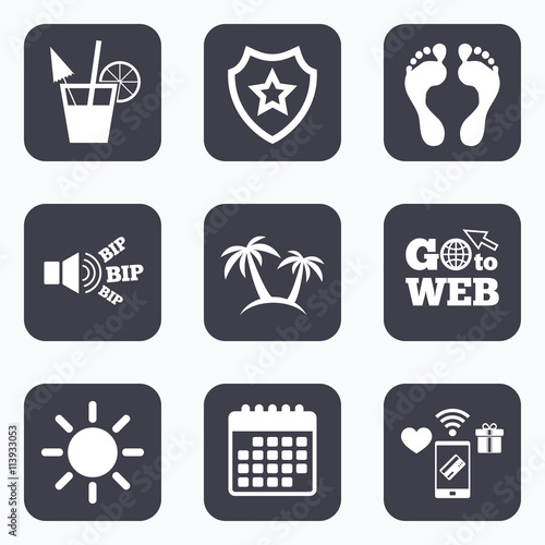 Beach holidays icons. Cocktail, human footprints