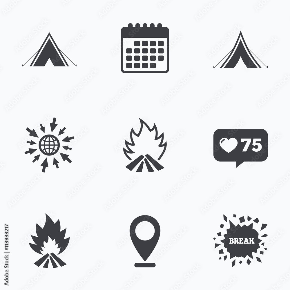 Tourist camping tent signs. Fire flame icons. Tourist camping tent signs. Fire flame icons.