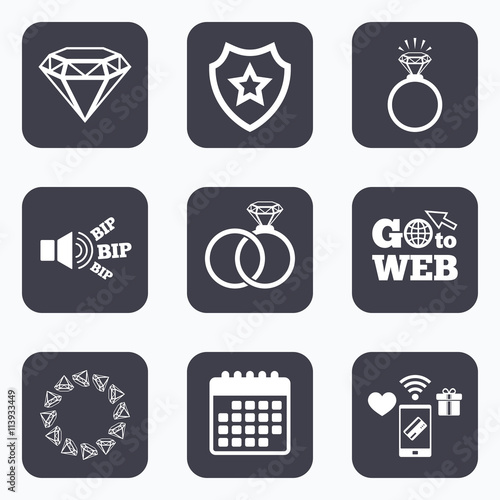 Rings icons. Jewelry with diamond signs.