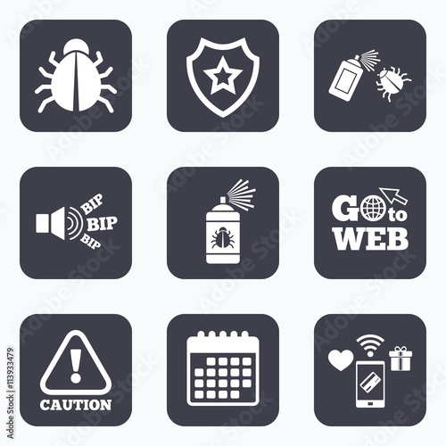 Bug disinfection signs. Caution attention icon.