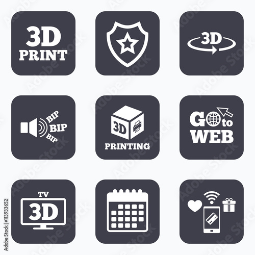 3d technology icons. Printer, rotation arrow.