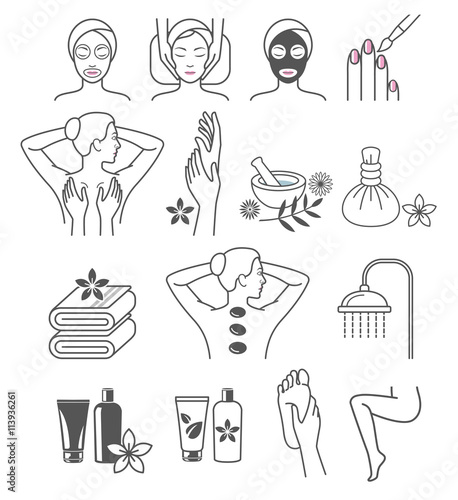 Spa Massage Therapy Skin Care & Cosmetics Services Icons. Vector