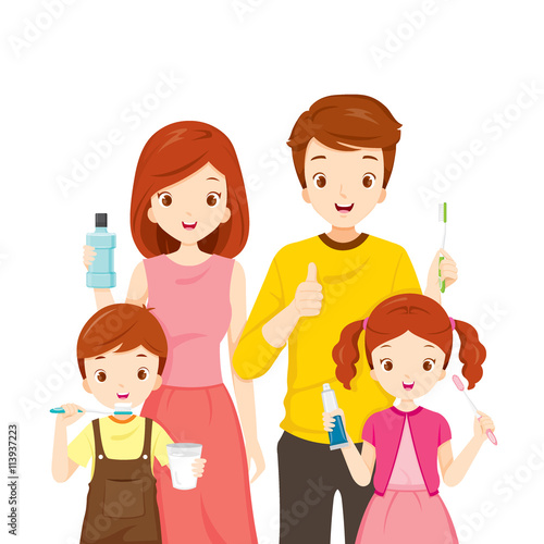 Happy Family With Teeth Cleaning Accessories, Medical, Dentistry, Hospital, Checkup, Patient, Hygiene, Healthy, Treatment