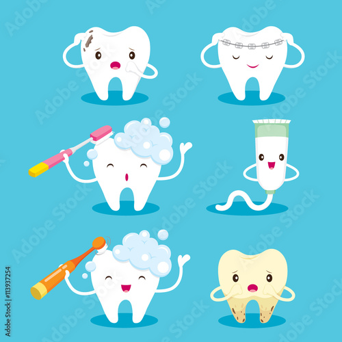 Tooth With Brush And Toothpaste Character Set, Medical, Dentistry, Hospital, Checkup, Patient, Hygiene, Healthy, Treatment