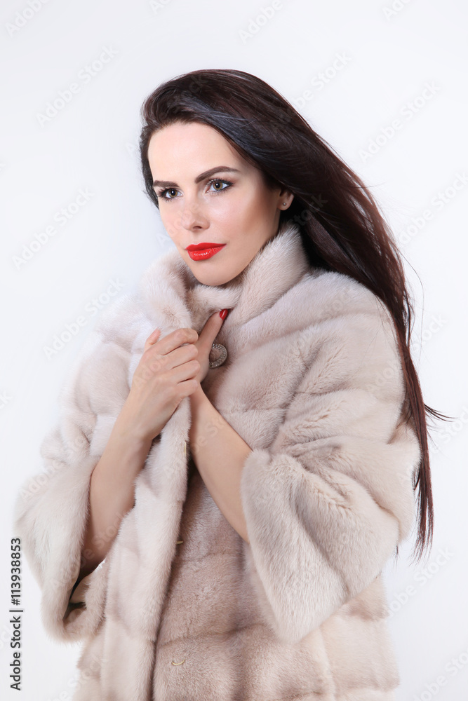 Portrait girl in fur coat with red lipstick Portrait girl in fur coat with red lipstick