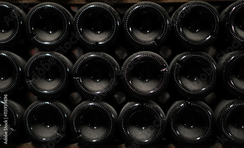Old bottles of champagne in rows in wine cellar