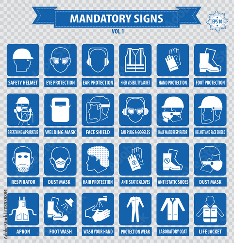 mandatory signs, construction health, safety sign used in industrial applications (safety helmet, gloves, ear protection, eye protection, foot protection, hairnet, respirator, mask, antistatic, apron)