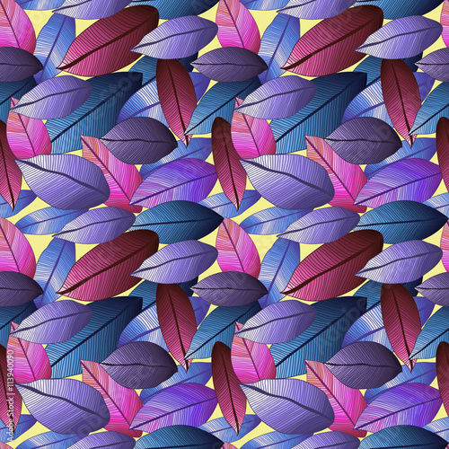 Seamless pattern with blue and violet colored degrade leaves. Foliage