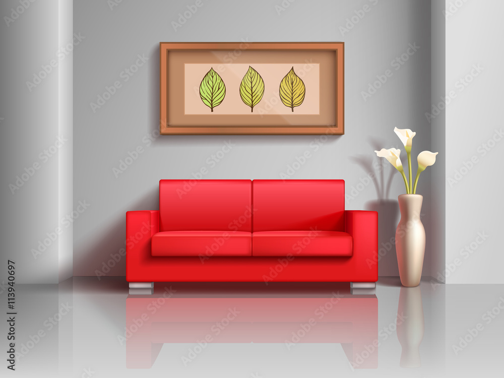Realistic red sofa and flowerpot in living room interior. Modern realistic interior apartment with furniture comfortable sofa. Vector illustration Realistic red sofa and flowerpot in living room interior. Modern realistic interior apartment with furniture comfortable sofa. Vector illustration