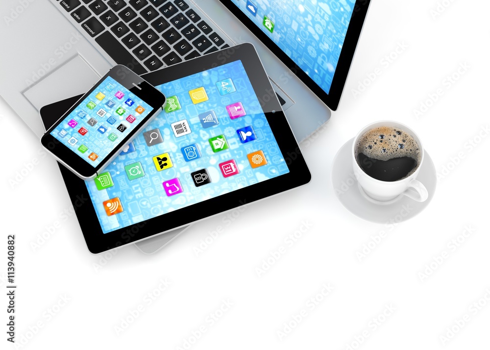 Laptop, phone, tablet pc and coffee. 3d rendering. Laptop, phone, tablet pc and coffee. 3d rendering.