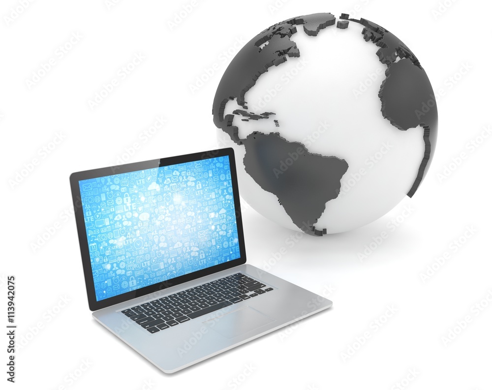 Laptop network and earth globe. 3d render Laptop network and earth globe. 3d render