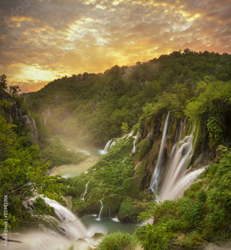 Plitvice waterfalls at sunrise
