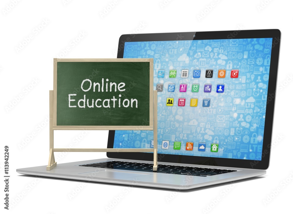 Laptop with chalkboard, online education concept. 3d rendering. Laptop with chalkboard, online education concept. 3d rendering.