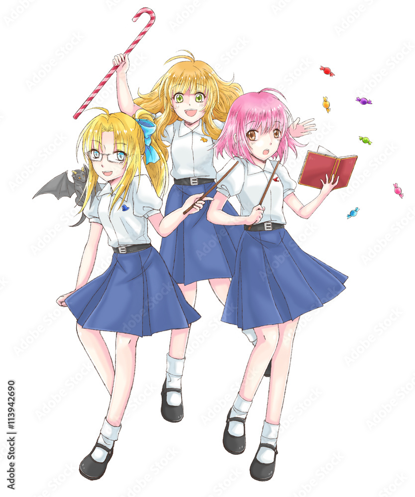 Cartoon illustration group of cute modern schoolgirl fantasy witch students  in Thai high school uniform with wand in magical schoolgirl concept in  isolated background in Japanese manga style Photos | Adobe Stock