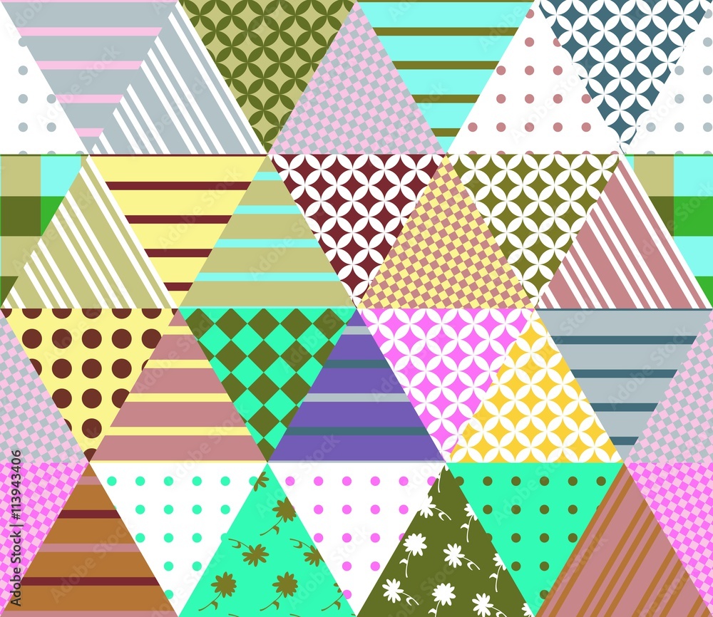 olorful seamless patchwork pattern. Geometric triangle tiles. Vector illustration of quilt. Can be used for wallpapers, textiles, fabrics, textures, wrapping paper. olorful seamless patchwork pattern. Geometric triangle tiles. Vector illustration of quilt. Can be used for wallpapers, textiles, fabrics, textures, wrapping paper.
